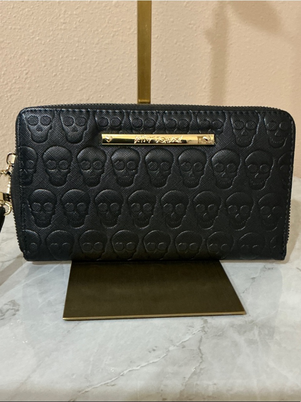 Betsey Johnson Black Embossed Skull Zip Wallet with Gold Plate